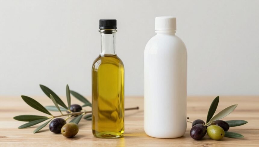 Γυάλινο και πλαστικό μπουκάλι ελαιόλαδου σε ξύλινο τραπέζι με ελιές