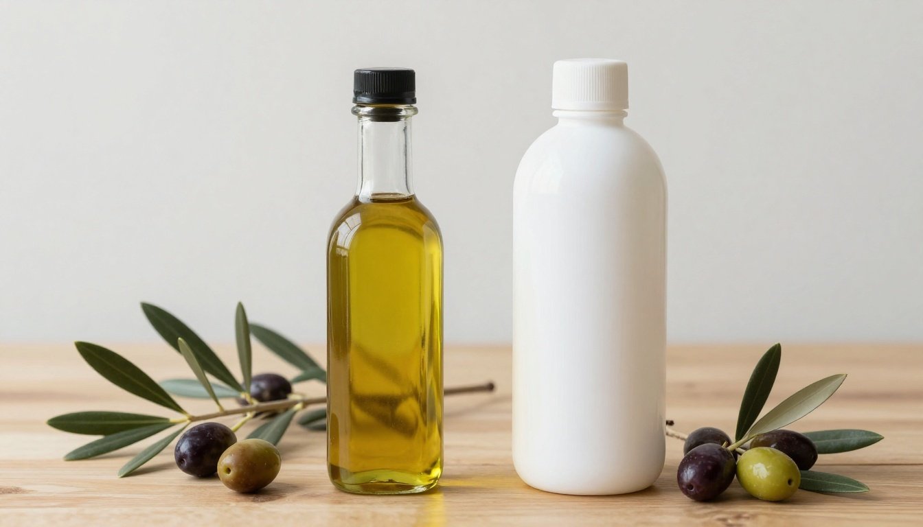 Γυάλινο και πλαστικό μπουκάλι ελαιόλαδου σε ξύλινο τραπέζι με ελιές