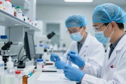 Επιστήμονες που εργάζονται σε έρευνα mRNA εμβολίων κατά του καρκίνου σε ένα σύγχρονο εργαστήριο.