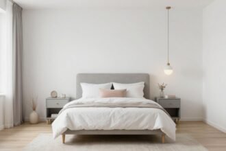 Φωτεινό και ευάερο υπνοδωμάτιο με ανοιχτά χρώματα.