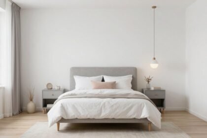 Φωτεινό και ευάερο υπνοδωμάτιο με ανοιχτά χρώματα.