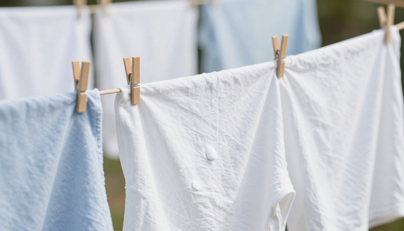 Φρέσκα ρούχα που στεγνώνουν στον ήλιο με κοντινή λήψη της μαγειρικής σόδας δίπλα τους.