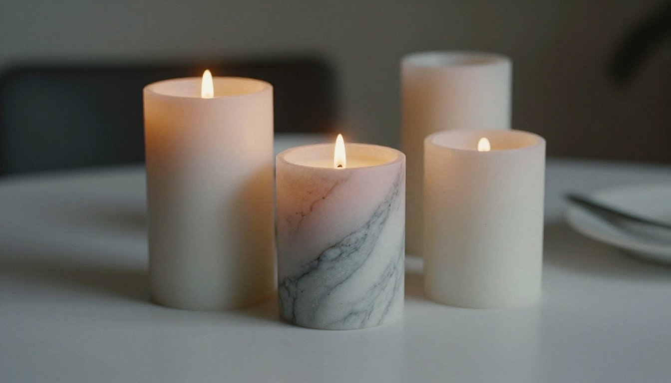 Το εφέ που μεταμορφώνει τα φτηνά κεριά χωρίς να χαλάσεις λεφτά 2 Μια καλλιτεχνική διάταξη κεριών με μαρμάρινη όψη σε ένα τραπέζι