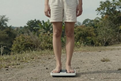 Άτομο που ζυγίζεται δίπλα σε ζυγαριά, με φυσικό φως.