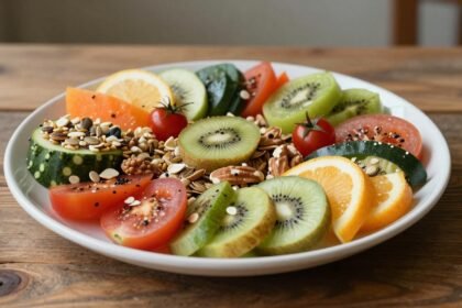 Φρέσκες ωμές τροφές σε ξύλινο τραπέζι, περιλαμβάνοντας φρούτα, λαχανικά, ξηρούς καρπούς και σπόρους.