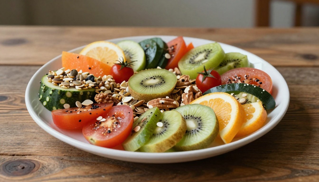 Φρέσκες ωμές τροφές σε ξύλινο τραπέζι, περιλαμβάνοντας φρούτα, λαχανικά, ξηρούς καρπούς και σπόρους.