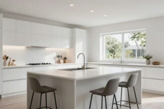 Μια λευκή κουζίνα με μοντέρνα σχεδίαση και φυσικό φωτισμό.