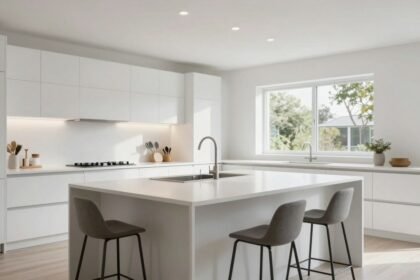 Μια λευκή κουζίνα με μοντέρνα σχεδίαση και φυσικό φωτισμό.