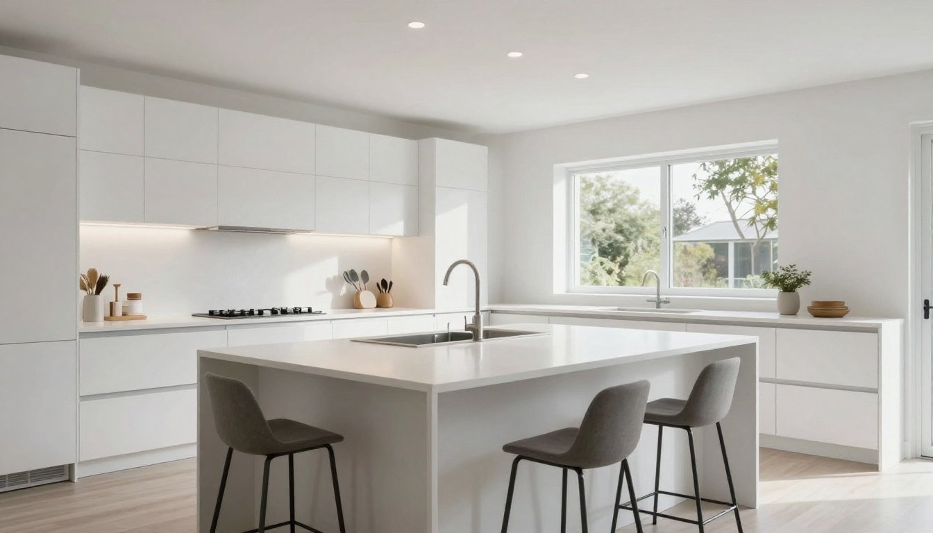 Μια λευκή κουζίνα με μοντέρνα σχεδίαση και φυσικό φωτισμό.