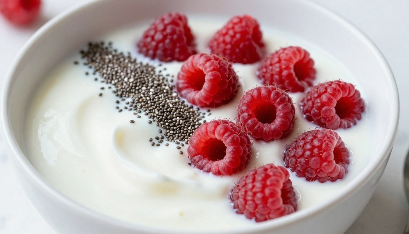 Υγιεινό πρωινό με γιαούρτι, σπόρους τσία και σμέουρα