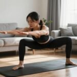 Γυναίκα που κάνει γυμναστική στο σπίτι χωρίς εξοπλισμό, σε ένα φωτεινό σαλόνι.