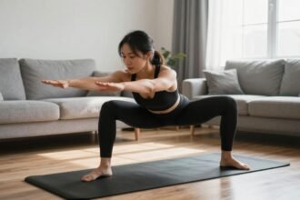 Γυναίκα που κάνει γυμναστική στο σπίτι χωρίς εξοπλισμό, σε ένα φωτεινό σαλόνι.