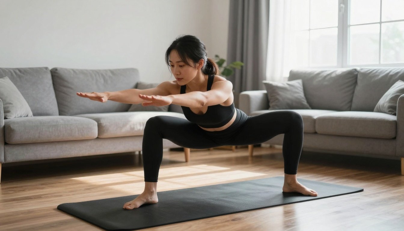 Γυναίκα που κάνει γυμναστική στο σπίτι χωρίς εξοπλισμό, σε ένα φωτεινό σαλόνι.