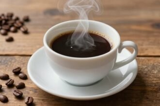 Κούπα σκέτου μαύρου καφέ με κόκκους καφέ γύρω από αυτήν.