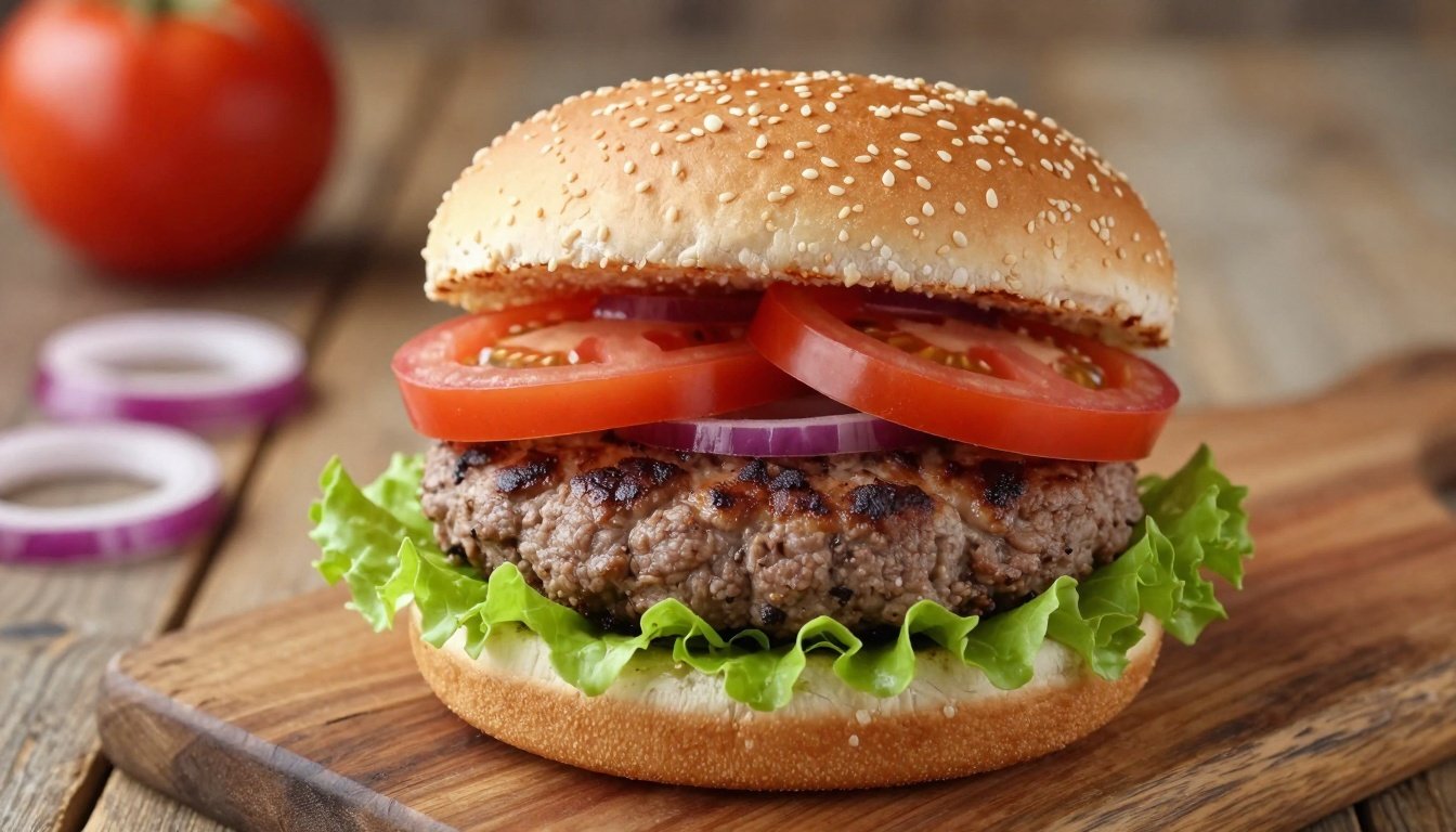 Αφράτο και ζουμερό μπιφτέκι με λαχανικά και ψωμί σε ξύλινο τραπέζι.