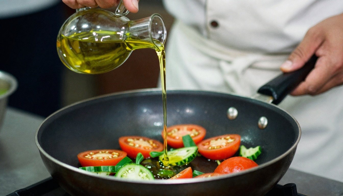 Κοντινή φωτογραφία ενός σεφ που ρίχνει ελαιόλαδο σε ένα τηγάνι με λαχανικά