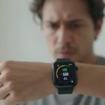 Μια φωτογραφία ενός smartwatch που δείχνει στατιστικά υγείας, σε ένα ενοχλημένο περιβάλλον.