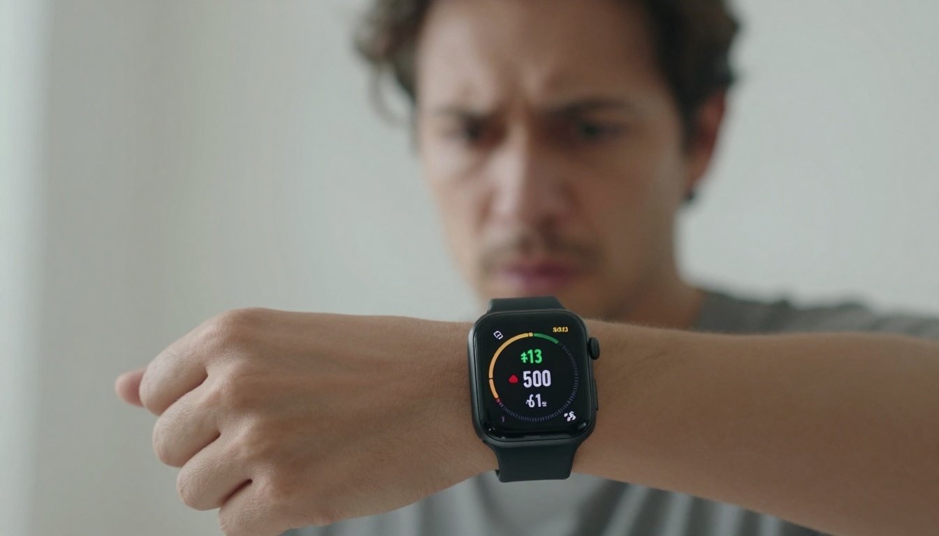 Μια φωτογραφία ενός smartwatch που δείχνει στατιστικά υγείας, σε ένα ενοχλημένο περιβάλλον.