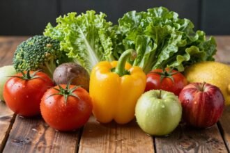 Φρέσκα λαχανικά και φρούτα σε ξύλινη επιφάνεια, αναδεικνύοντας την φρεσκάδα και τις τεχνικές συντήρησης.