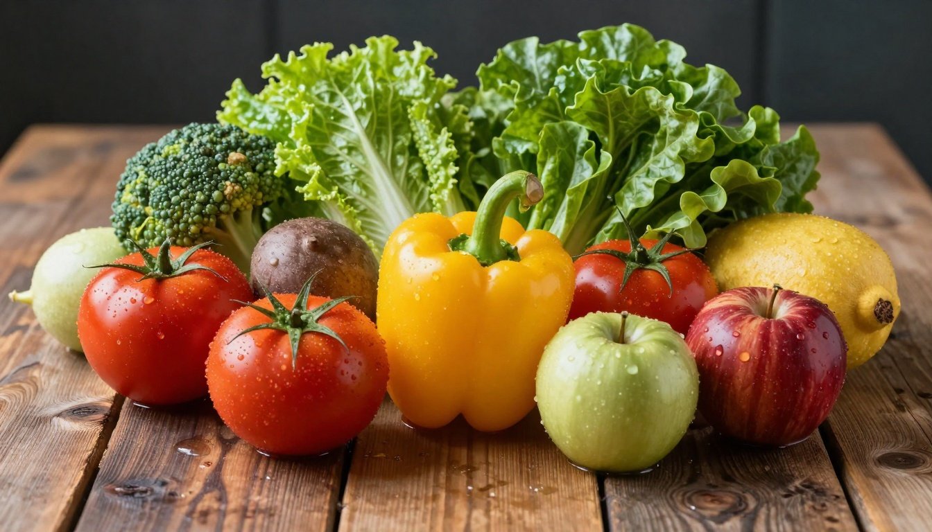 Φρέσκα λαχανικά και φρούτα σε ξύλινη επιφάνεια, αναδεικνύοντας την φρεσκάδα και τις τεχνικές συντήρησης.