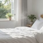 Η εικόνα απεικονίζει ένα καθαρό και ευχάριστο υπνοδωμάτιο με φρέσκα σεντόνια και πράσινα φυτά στο φως του ήλιου.