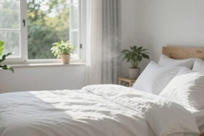 Η εικόνα απεικονίζει ένα καθαρό και ευχάριστο υπνοδωμάτιο με φρέσκα σεντόνια και πράσινα φυτά στο φως του ήλιου.