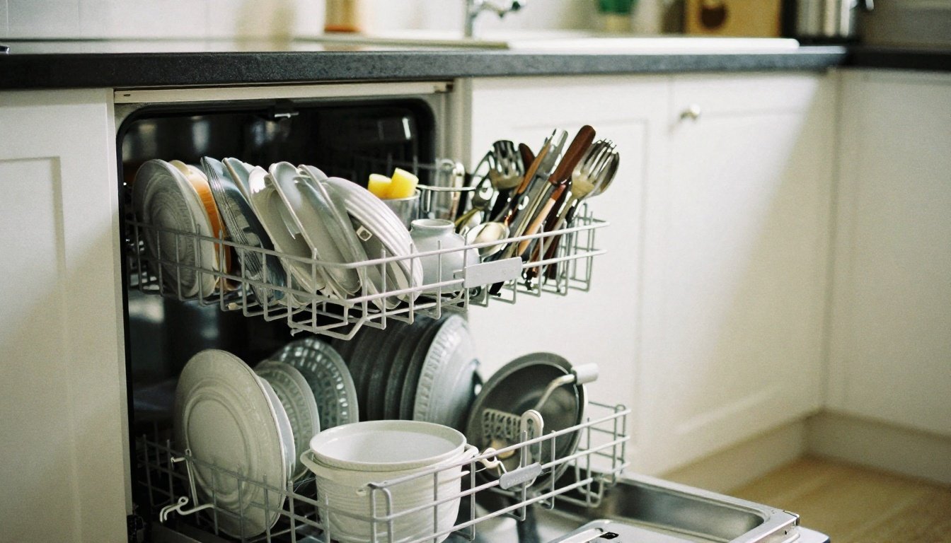 Πλυντήριο πιάτων: Τι κάνεις λάθος και δεν καθαρίζει σωστά 2 Ένα πλυντήριο πιάτων στην κουζίνα γεμάτο με καθαρά πιάτα