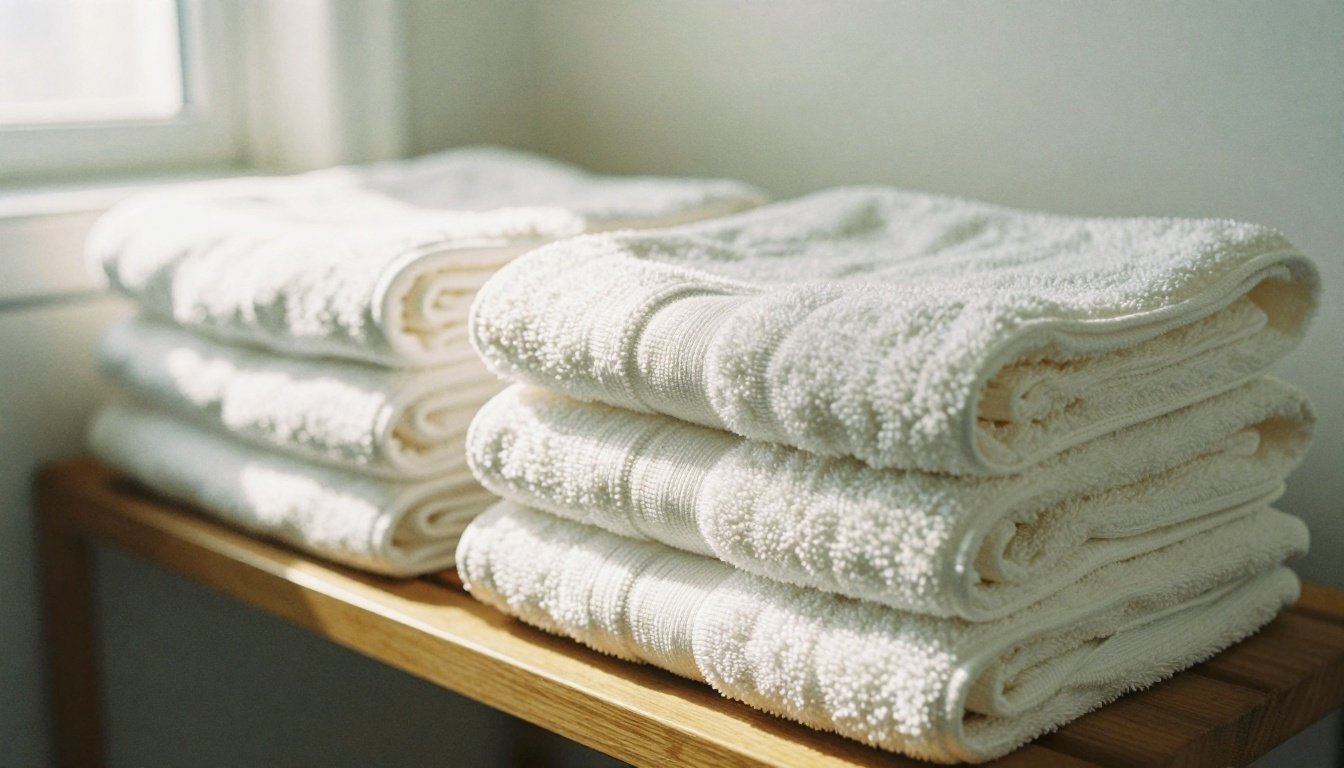 Φωτογραφία φρέσκων πετσετών σε ράφι μπάνιου