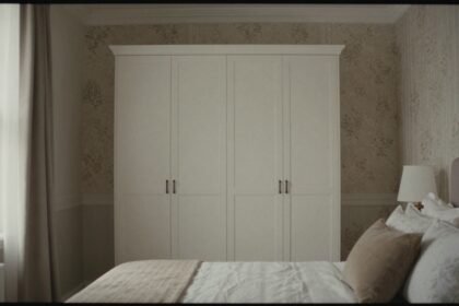 Ένα υπνοδωμάτιο με ανανεωμένη ντουλάπα, διακοσμημένη με ταπετσαρία.