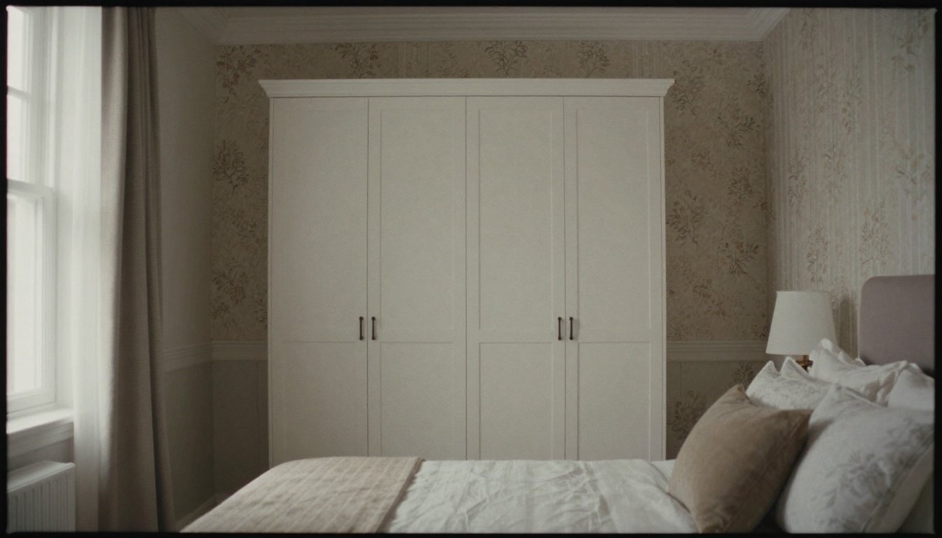 Ένα υπνοδωμάτιο με ανανεωμένη ντουλάπα, διακοσμημένη με ταπετσαρία.