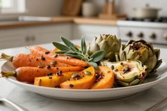 Πιάτο με ψητά λαχανικά, φασκόμηλο και τραγανούς σπόρους κολοκύθας.