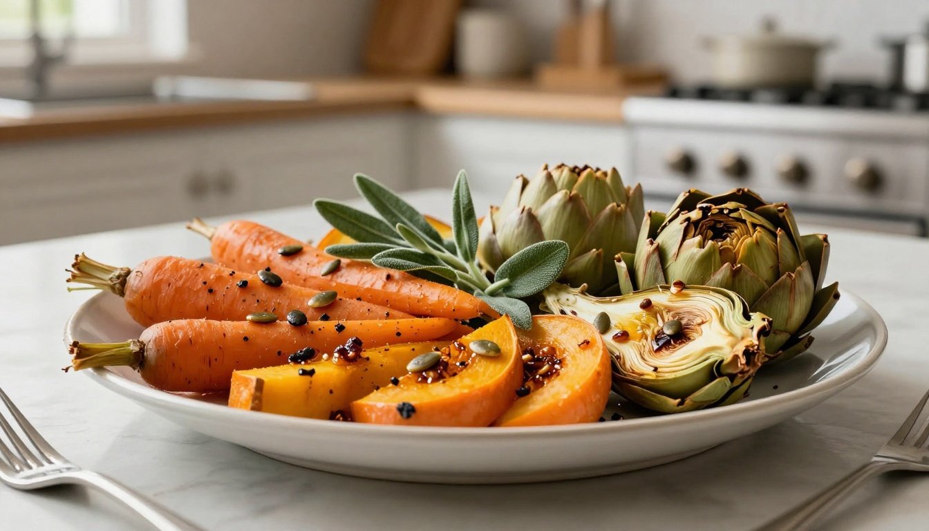 Πιάτο με ψητά λαχανικά, φασκόμηλο και τραγανούς σπόρους κολοκύθας.