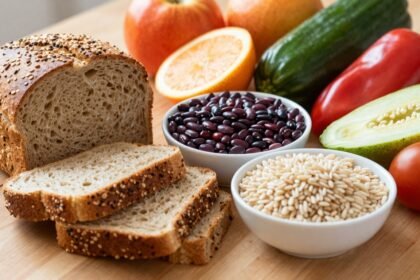 Εικόνα με υγιεινές πηγές υδατανθράκων όπως ψωμί ολικής άλεσης και φρούτα σε ξύλινη επιφάνεια.