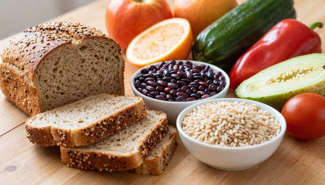 Εικόνα με υγιεινές πηγές υδατανθράκων όπως ψωμί ολικής άλεσης και φρούτα σε ξύλινη επιφάνεια.