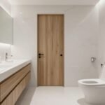 Μοντέρνο μπάνιο με διπλό νιπτήρα και ξύλινες λεπτομέρειες.