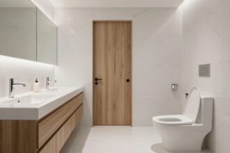 Μοντέρνο μπάνιο με διπλό νιπτήρα και ξύλινες λεπτομέρειες.