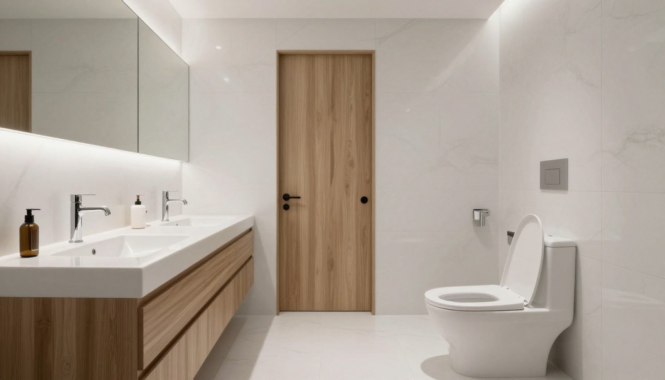 Μοντέρνο μπάνιο με διπλό νιπτήρα και ξύλινες λεπτομέρειες.