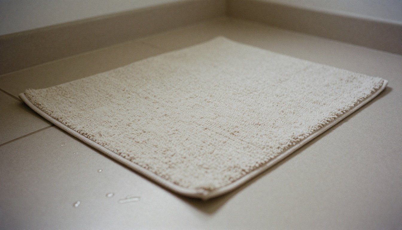 Φωτογραφία ενός καθαρού αλλά ελαφρώς φθαρμένου χαλιού μπάνιου