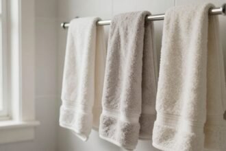 Φρέσκα πλυμένα πετσέτες κρεμασμένες σε ράφι μπάνιου με φυσικό φωτισμό