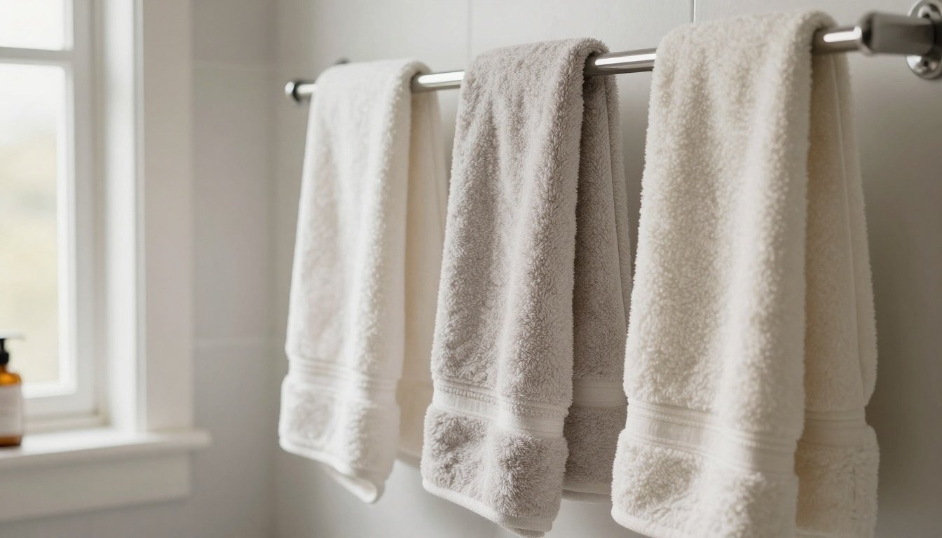 Φρέσκα πλυμένα πετσέτες κρεμασμένες σε ράφι μπάνιου με φυσικό φωτισμό