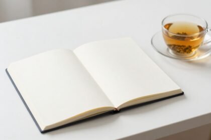 Μια απλή και ήρεμη εργασιακή γωνιά με καθαρό γραφείο, ένα ανοιχτό σημειωματάριο, ένα φλιτζάνι βοτανικό τσάι και απαλό φυσικό φως.