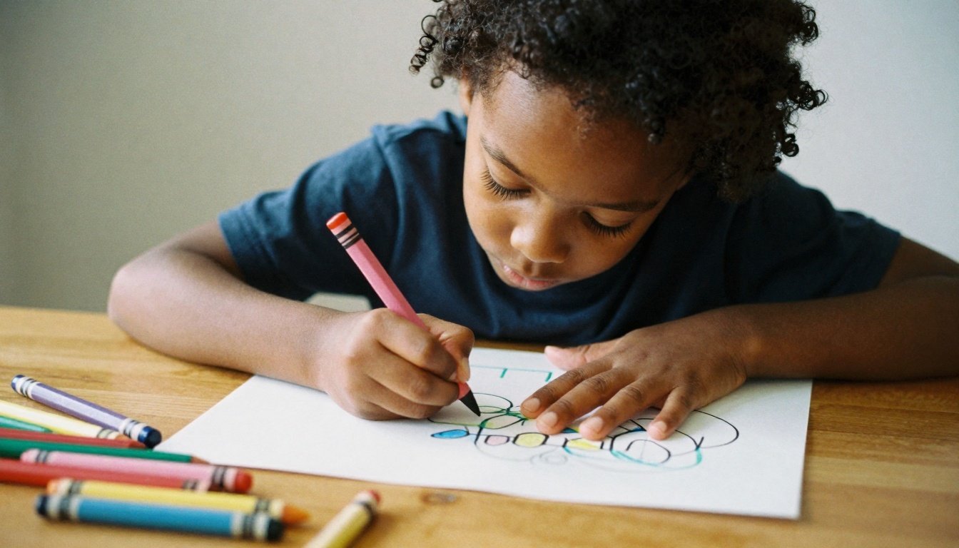 Ένα παιδί ζωγραφίζει σε ξύλινο τραπέζι