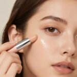 Μία γυναίκα εφαρμόζει κονσίλερ στο πρόσωπό της για φωτεινότητα και ανόρθωση.