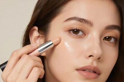 Μία γυναίκα εφαρμόζει κονσίλερ στο πρόσωπό της για φωτεινότητα και ανόρθωση.