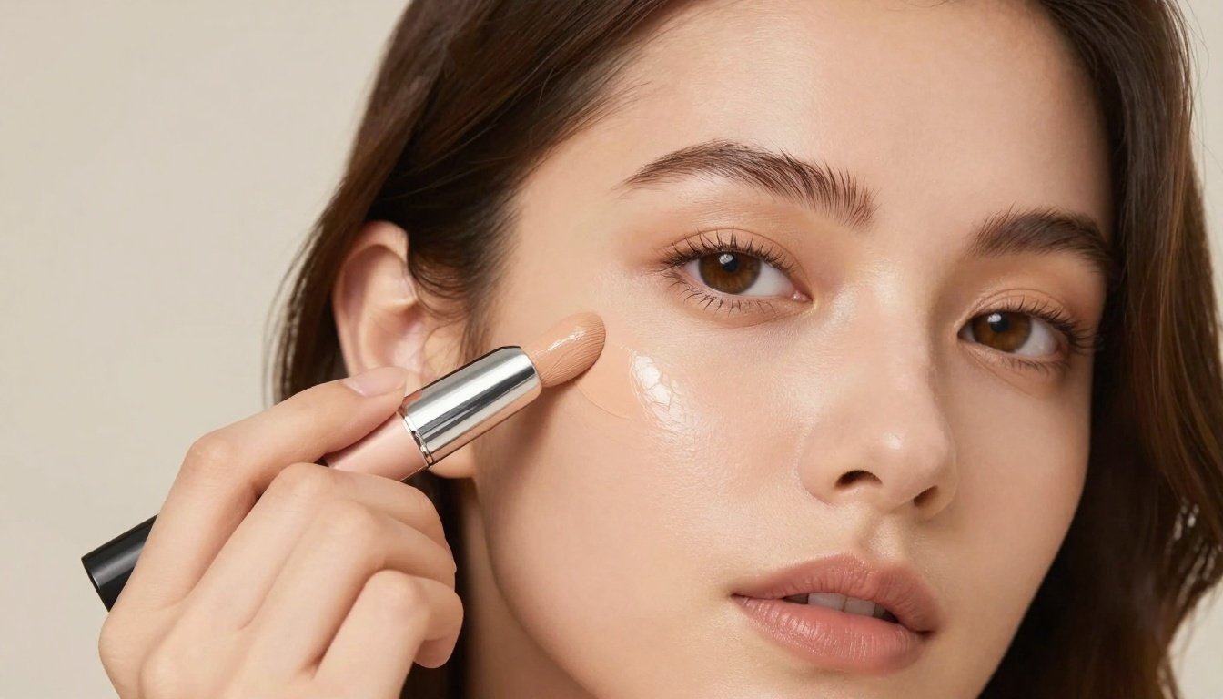 Μία γυναίκα εφαρμόζει κονσίλερ στο πρόσωπό της για φωτεινότητα και ανόρθωση.