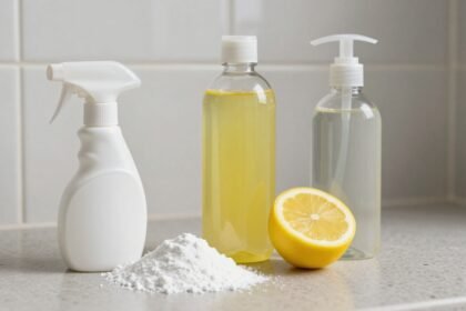 Καθαροί αρμοί και σαγρέ δάπεδα σε μπάνιο με φυσικά υλικά καθαρισμού.