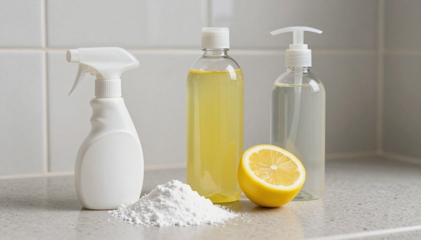 Καθαροί αρμοί και σαγρέ δάπεδα σε μπάνιο με φυσικά υλικά καθαρισμού.