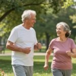 Ηλικιωμένο ζευγάρι απολαμβάνει μια ηλιόλουστη μέρα σε πάρκο, συμβολίζοντας την ευεξία που προσφέρει η βιταμίνη D.
