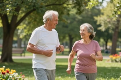 Ηλικιωμένο ζευγάρι απολαμβάνει μια ηλιόλουστη μέρα σε πάρκο, συμβολίζοντας την ευεξία που προσφέρει η βιταμίνη D.