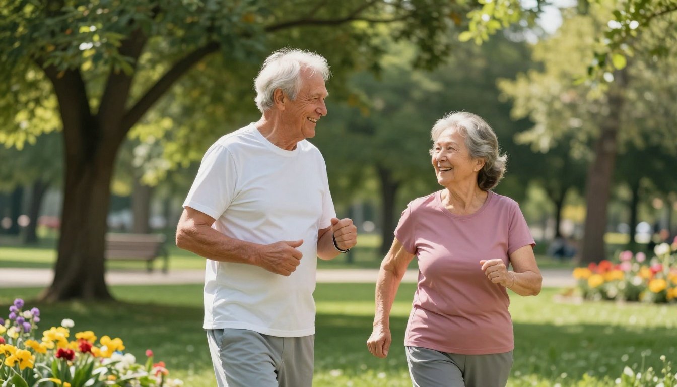 Ηλικιωμένο ζευγάρι απολαμβάνει μια ηλιόλουστη μέρα σε πάρκο, συμβολίζοντας την ευεξία που προσφέρει η βιταμίνη D.
